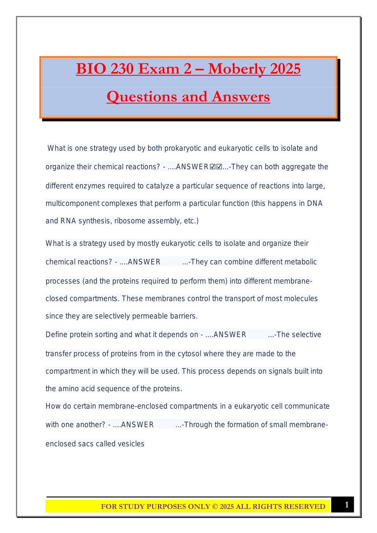 BIO 230 Exam 2 – Moberly 2025 Questions and Answers