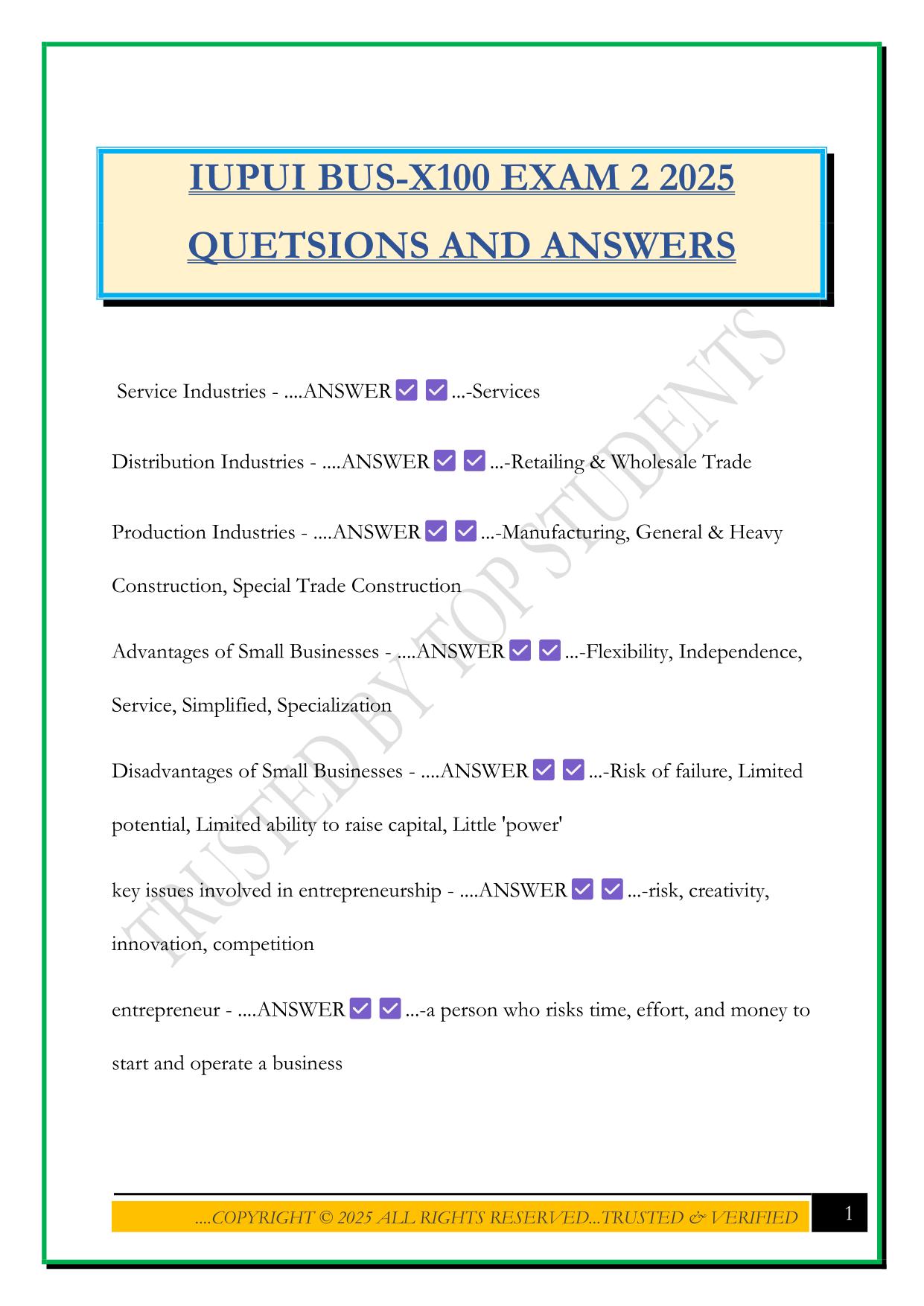 IUPUI BUS-X100 EXAM 2 2025 QUETSIONS AND ANSWERS