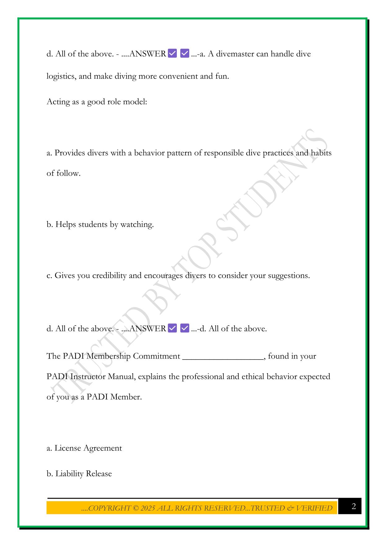 DIVEMASTER FINAL EXAM A 2025 QUESTIOSN AND ANSWERS
