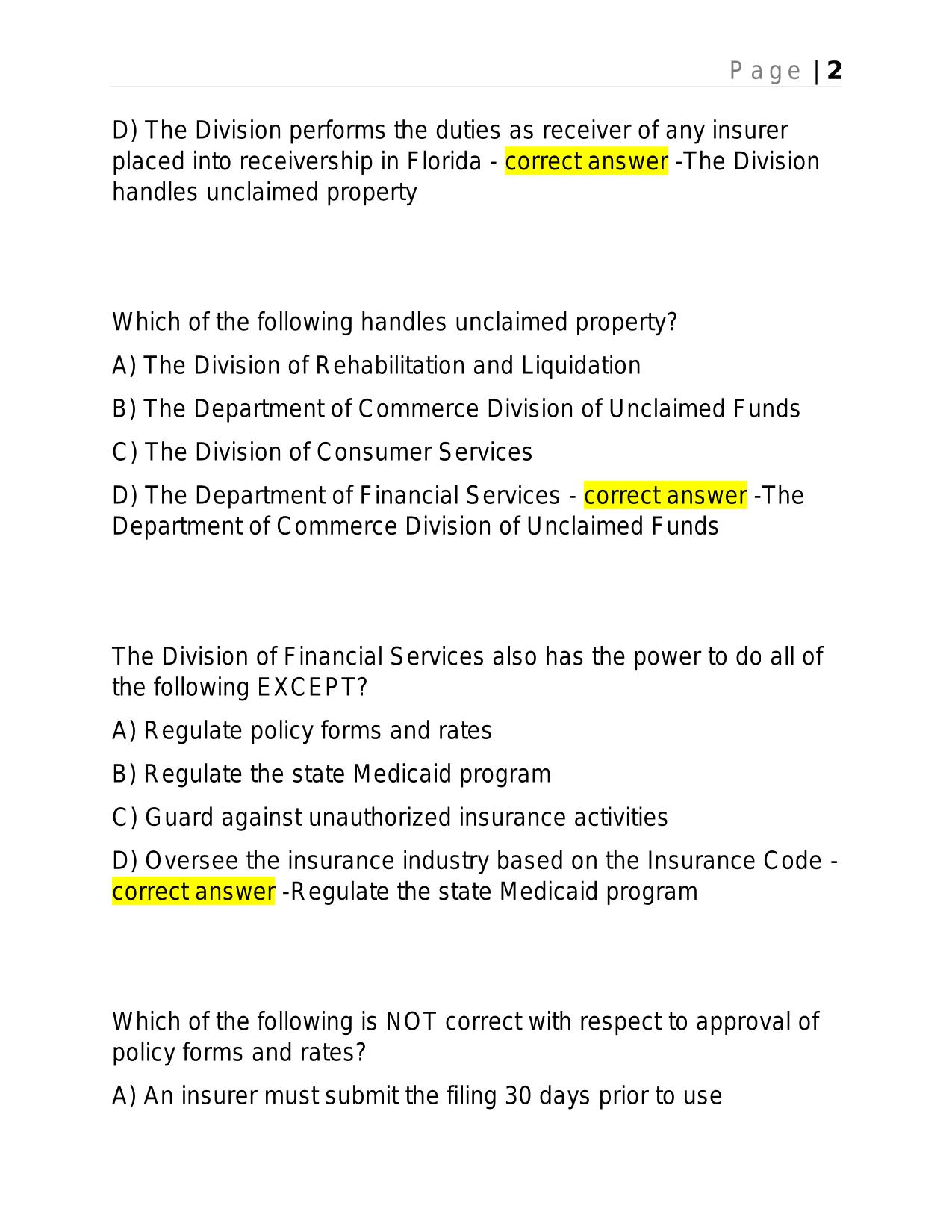 HEALTH INSURANCE FLORIDA 2-40 PRACTICE EXAM QUESTIONS #2 BRAND NEW ACTUAL EXAM WITH ANSWERS.