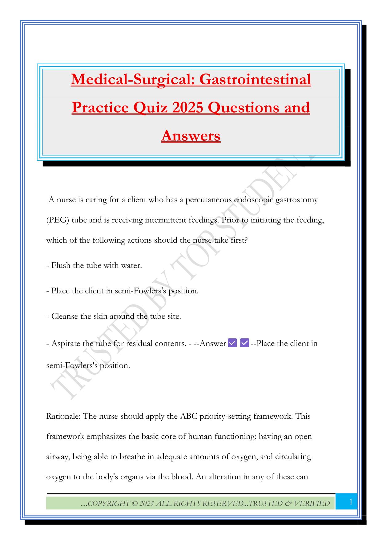 Medical-Surgical: Gastrointestinal Practice Quiz 2025 Questions and Answers