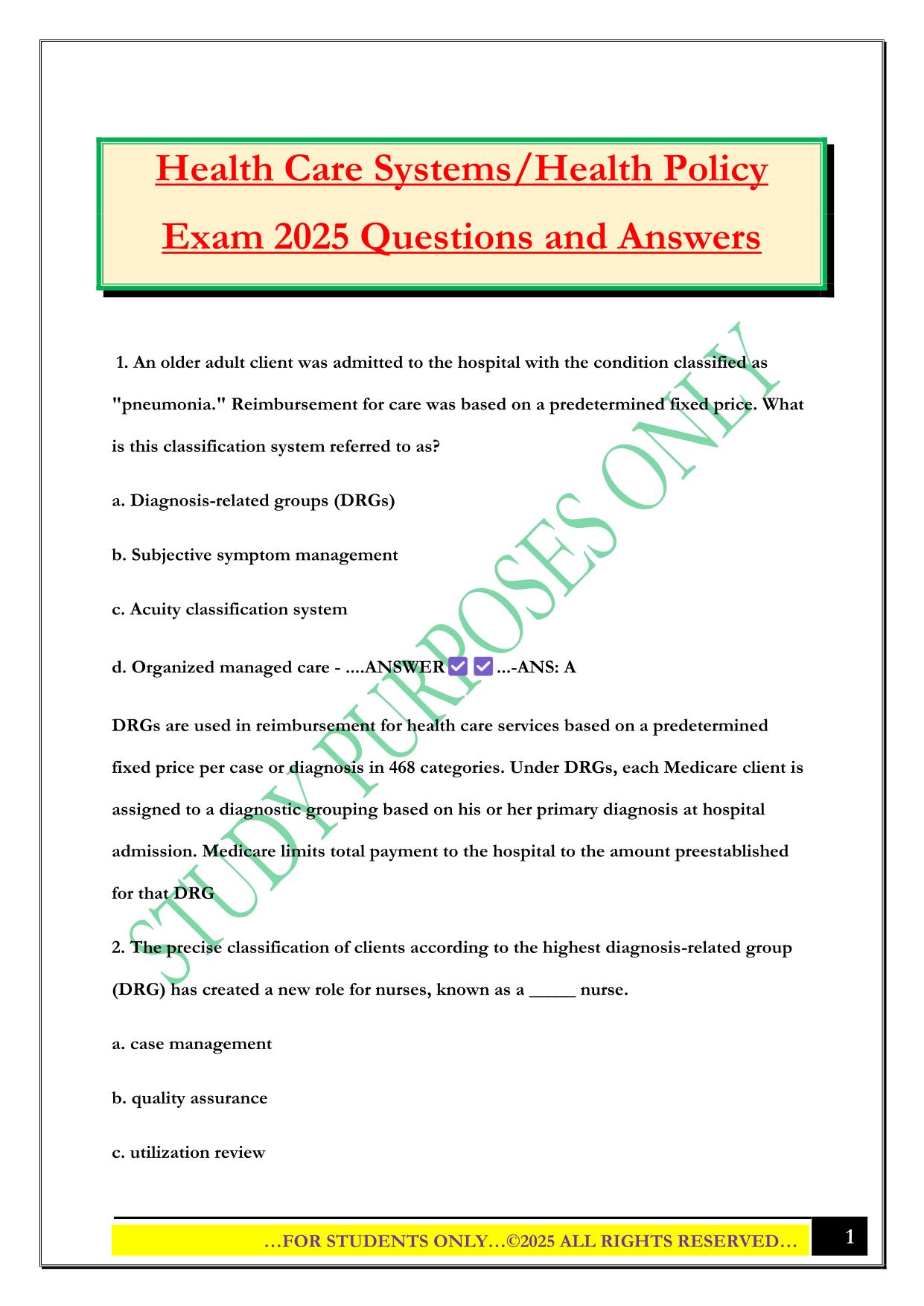 Health Care Systems/Health Policy Exam 2025 Questions and Answers