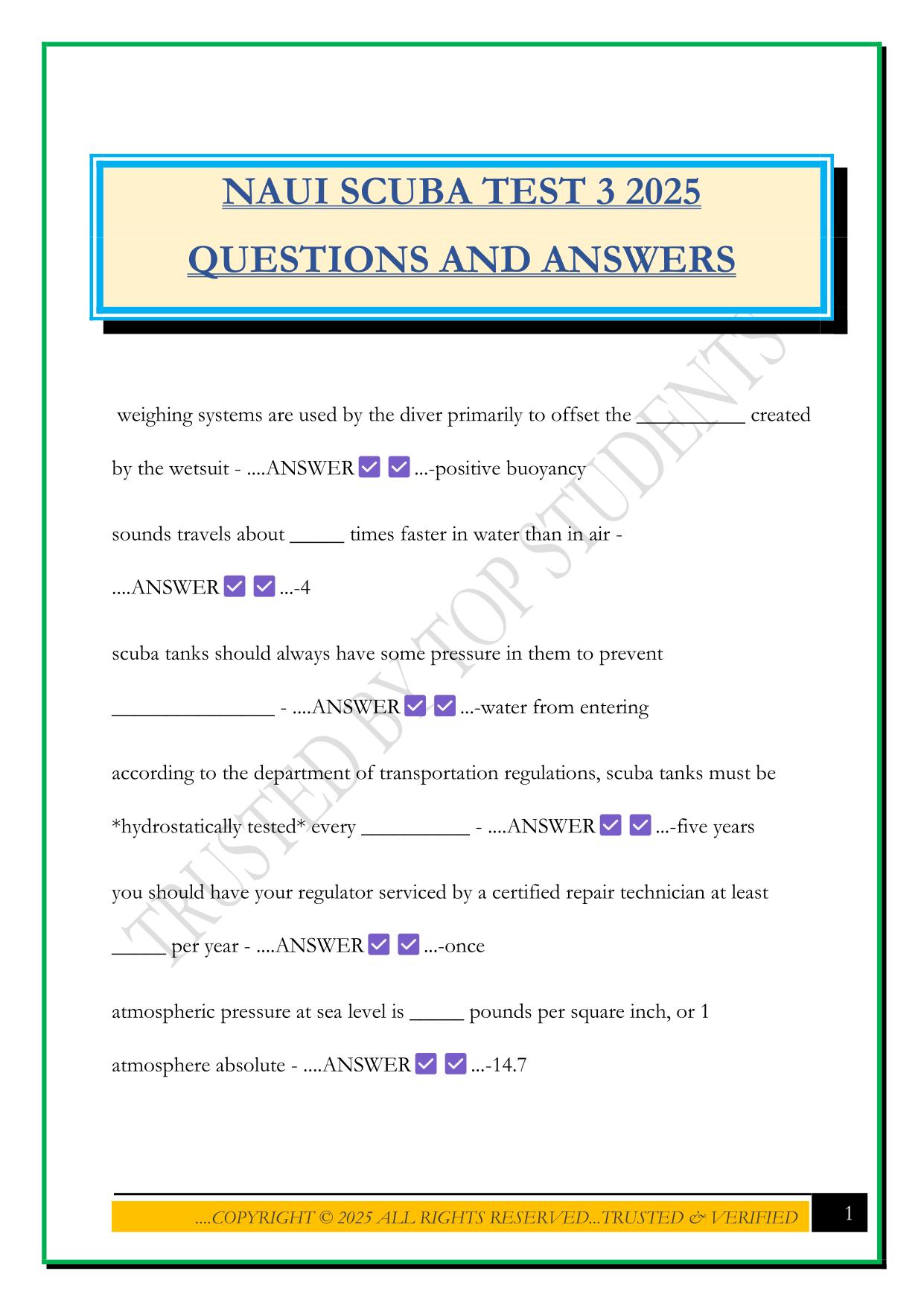 NAUI SCUBA TEST 3 2025 QUESTIONS AND ANSWERS