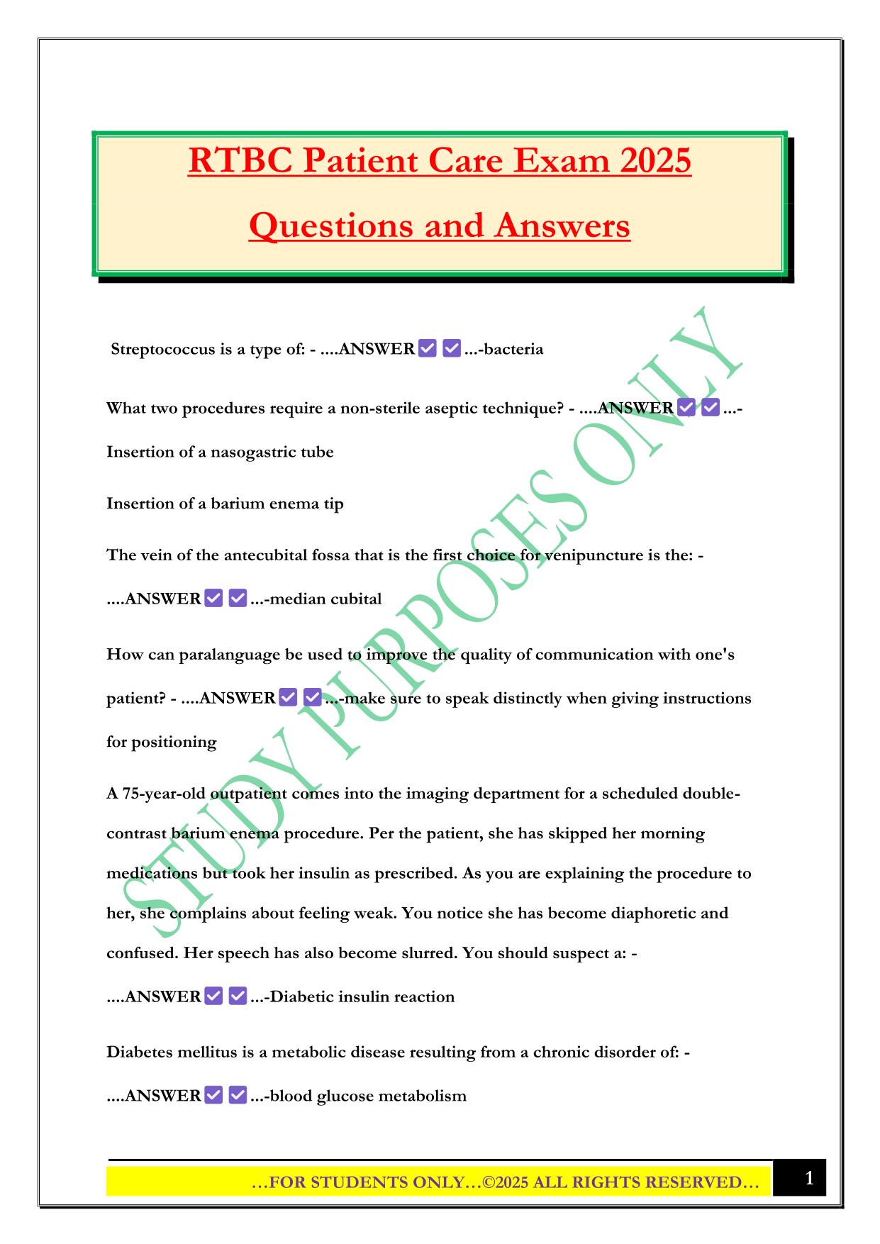 RTBC Patient Care Exam 2025 Questions and Answers