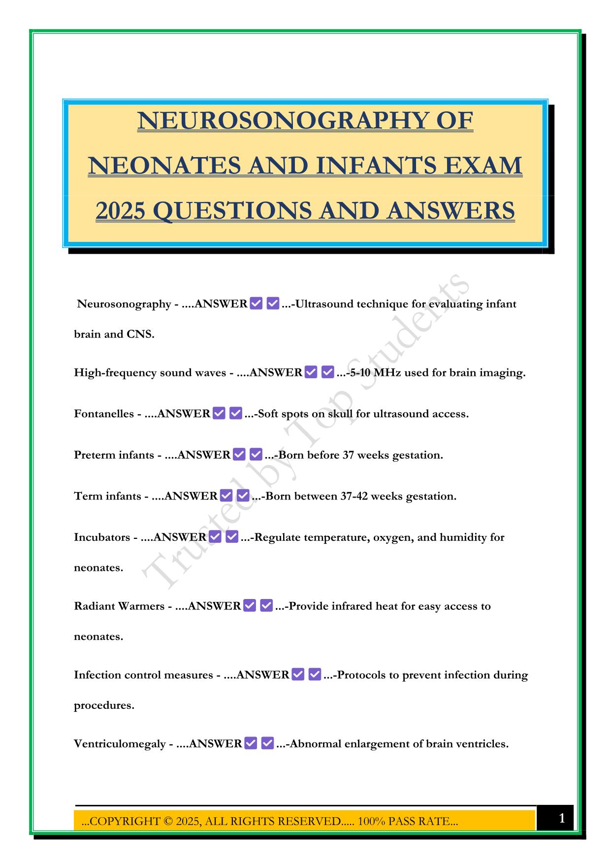 NEUROSONOGRAPHY OF NEONATES AND INFANTS EXAM 2025 QUESTIONS AND ANSWERS