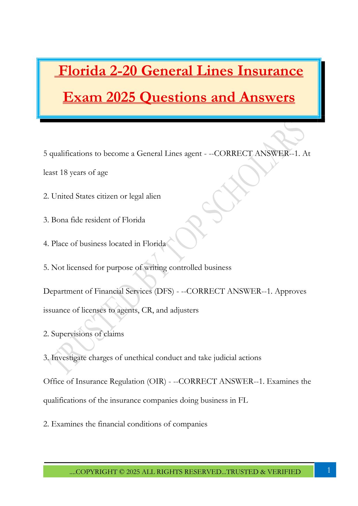 Florida 2-20 General Lines Insurance Exam 2025 Questions and Answers