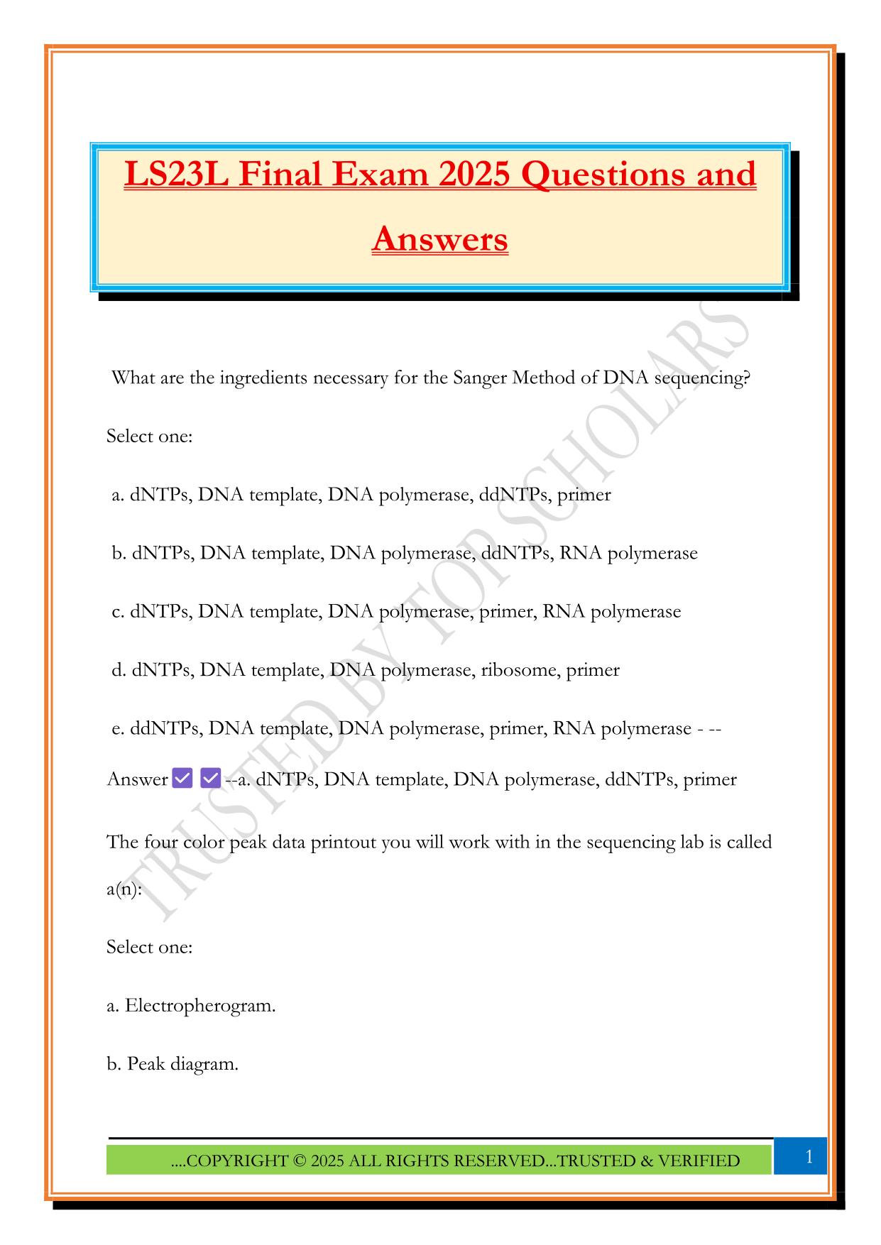 LS23L Final Exam 2025 Questions and Answers