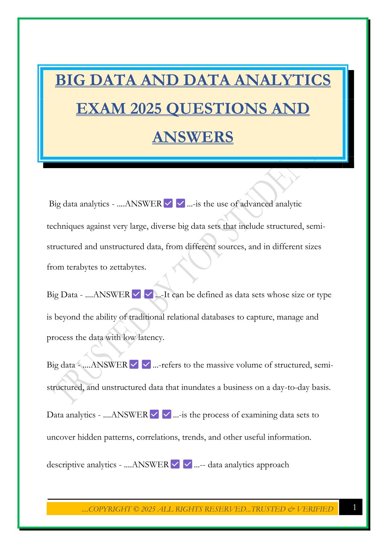 BIG DATA AND DATA ANALYTICS EXAM 2025 QUESTIONS AND ANSWERS
