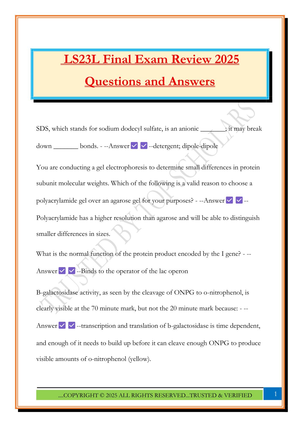 LS23L Final Exam Review 2025 Questions and Answers