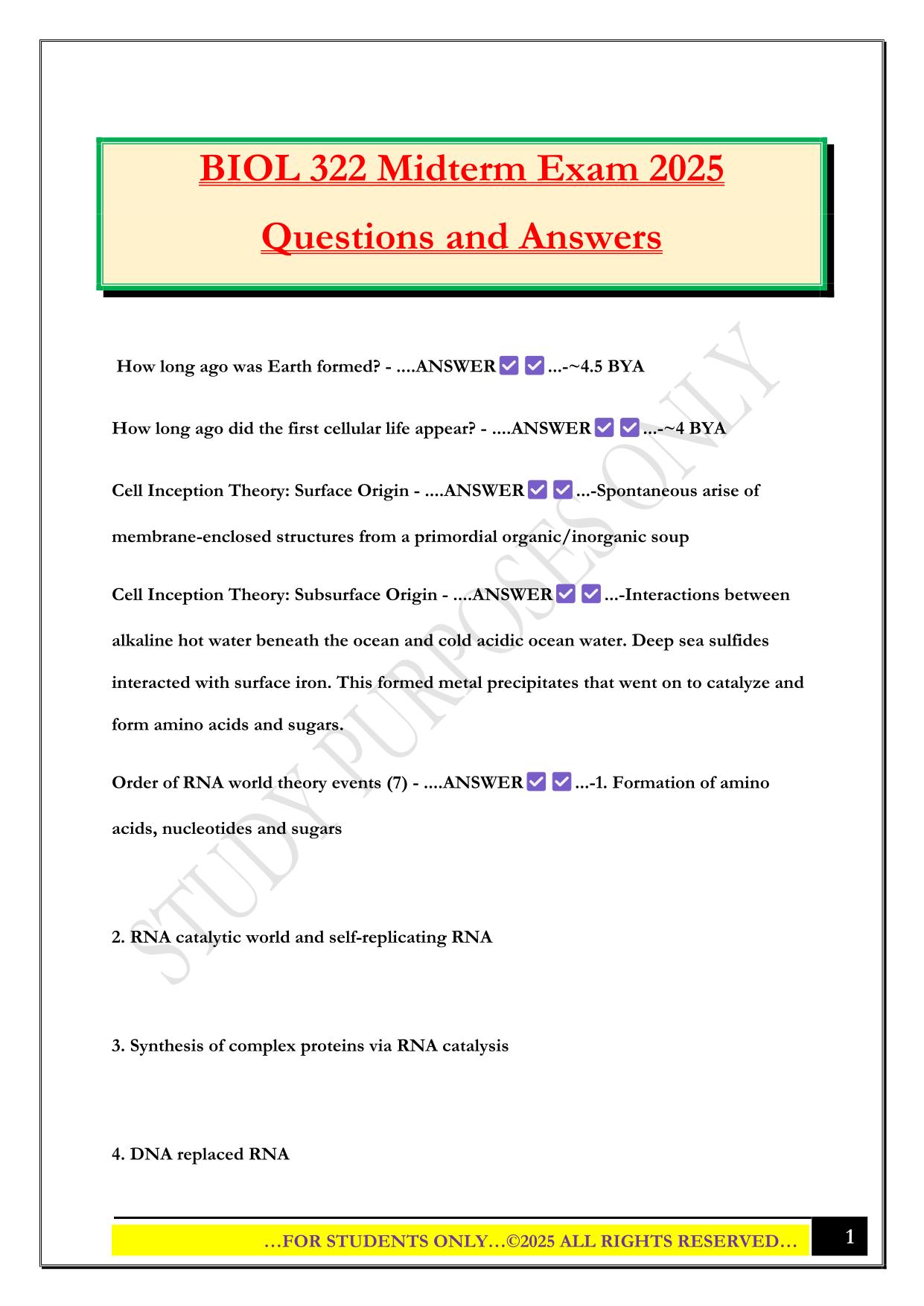 BIOL 322 Midterm Exam 2025 Questions and Answers