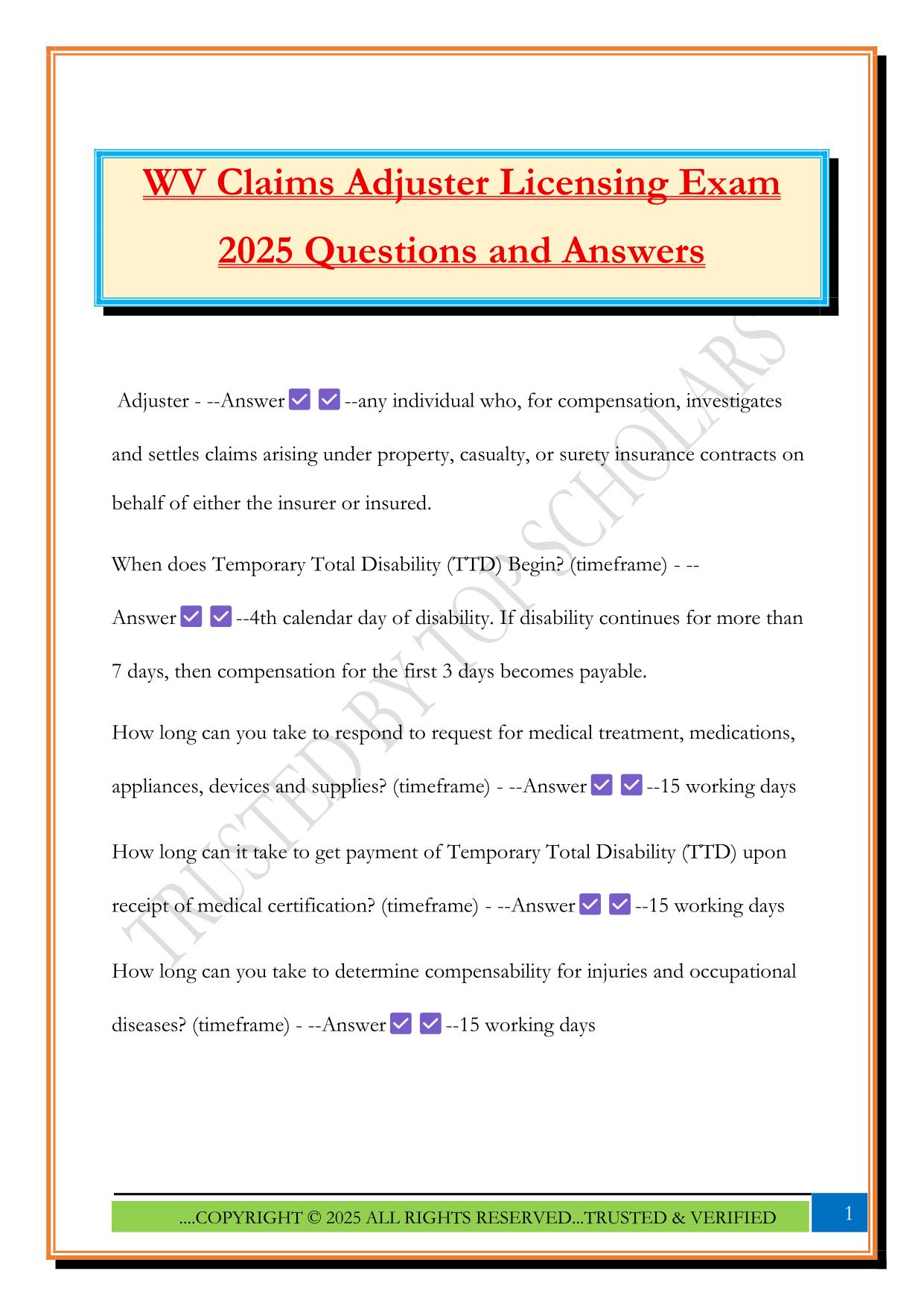 WV Claims Adjuster Licensing Exam 2025 Questions and Answers