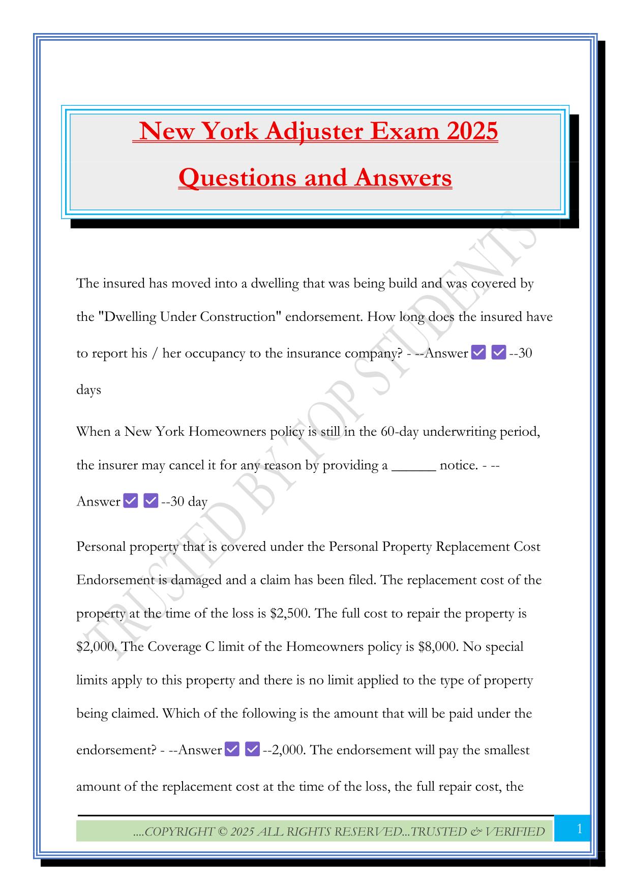 New York Adjuster Exam 2025 Questions and Answers