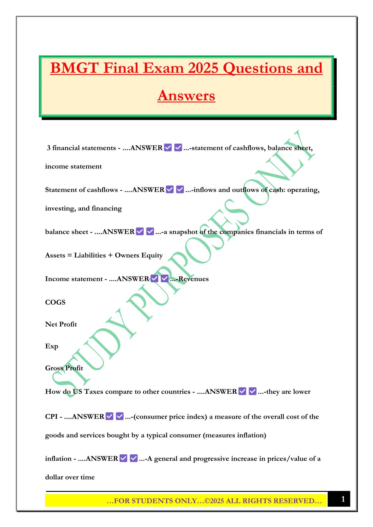 BMGT Final Exam 2025 Questions and Answers