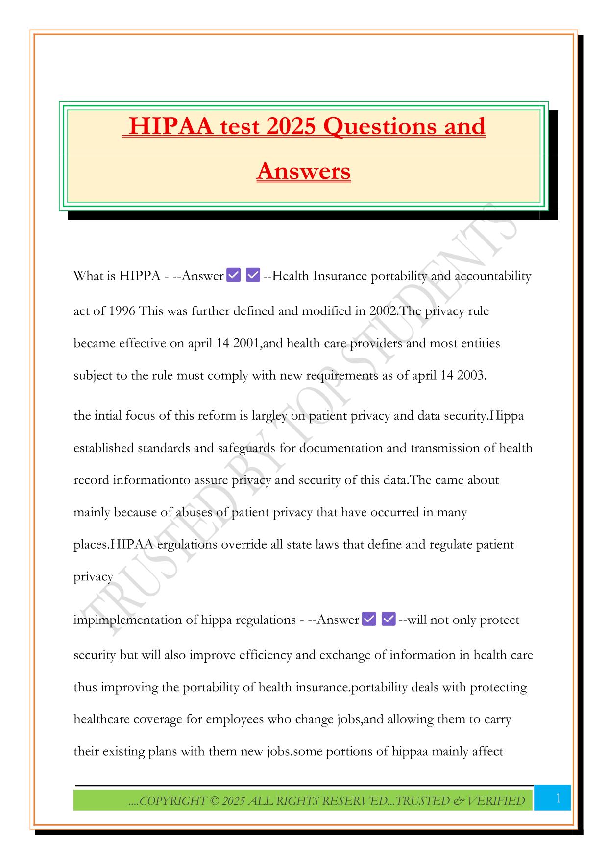 HIPAA test 2025 Questions and Answers