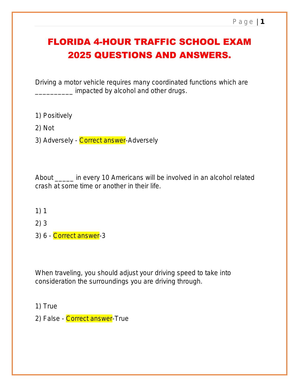 FLORIDA 4-HOUR TRAFFIC SCHOOL EXAM 2025 QUESTIONS AND ANSWERS