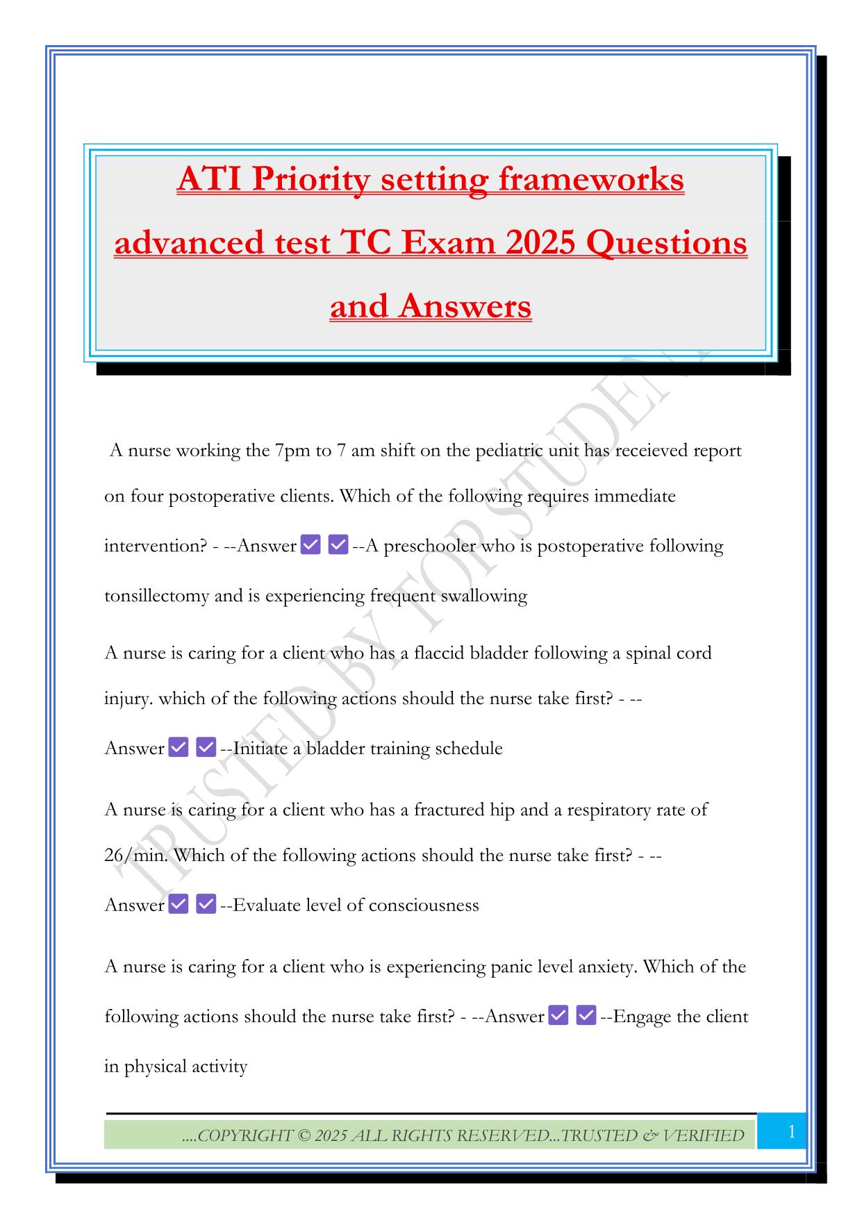 ATI Priority setting frameworks advanced test TC Exam 2025 Questions and Answers
