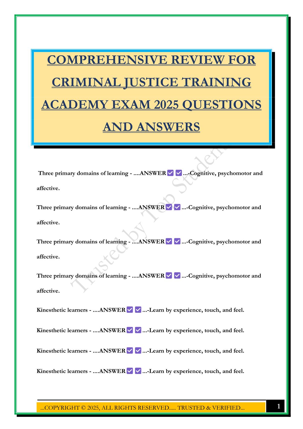 COMPREHENSIVE REVIEW FOR CRIMINAL JUSTICE TRAINING ACADEMY EXAM 2025 QUESTIONS AND ANSWERS