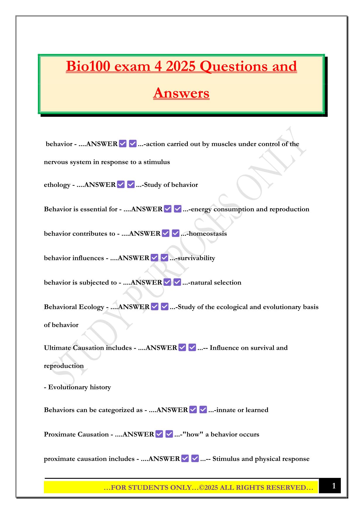 Bio100 exam 4 2025 Questions and Answers