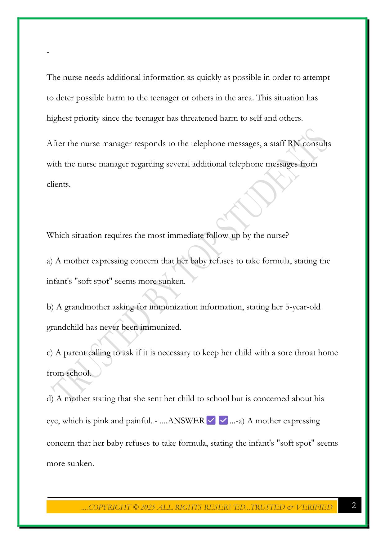 HESI: MANAGEMENT OF A PEDIATRIC UNIT AND RATIONALE EXAM 2025 QUESTIONS AND ANSWERS