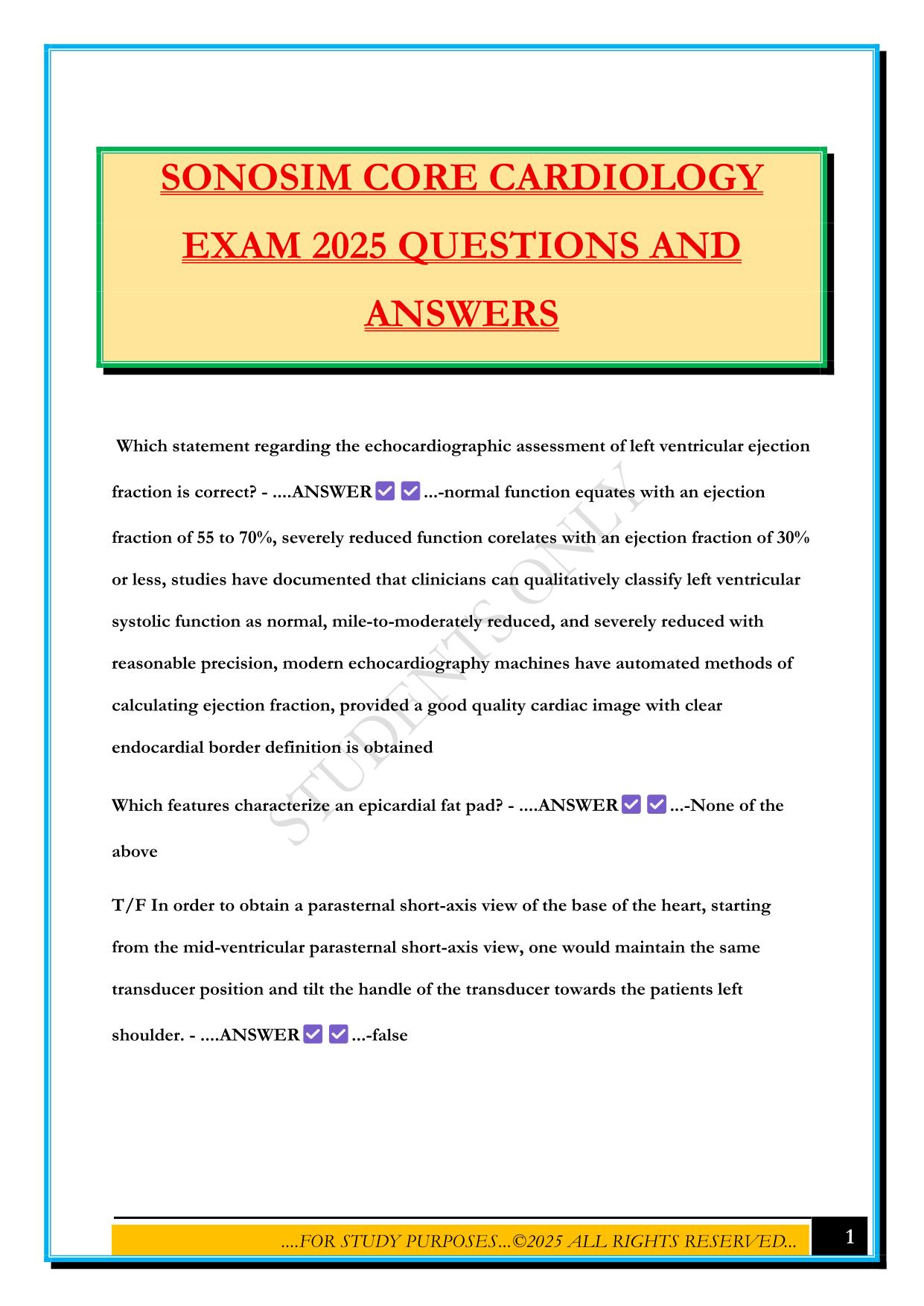 SONOSIM CORE CARDIOLOGY EXAM 2025 QUESTIONS AND ANSWERS