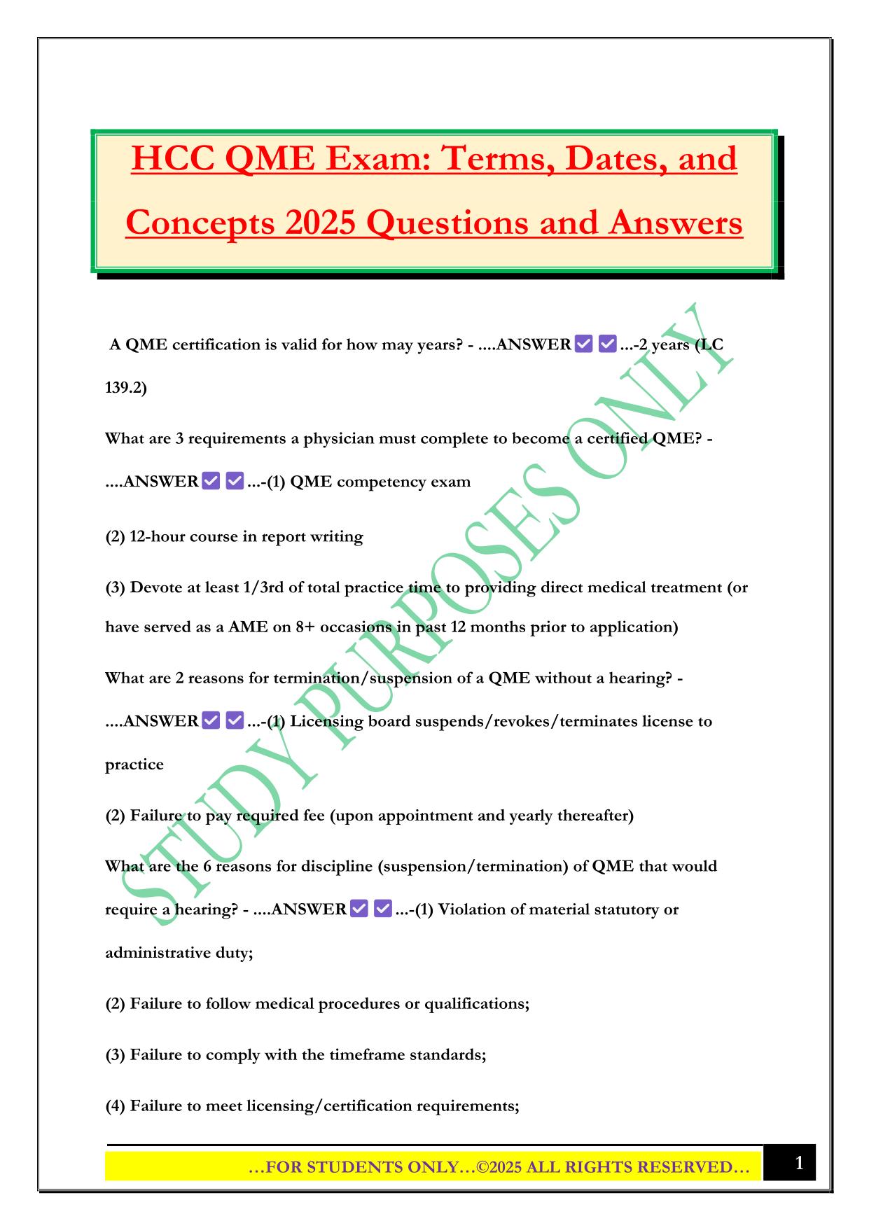 HCC QME Exam: Terms, Dates, and Concepts 2025 Questions and Answers