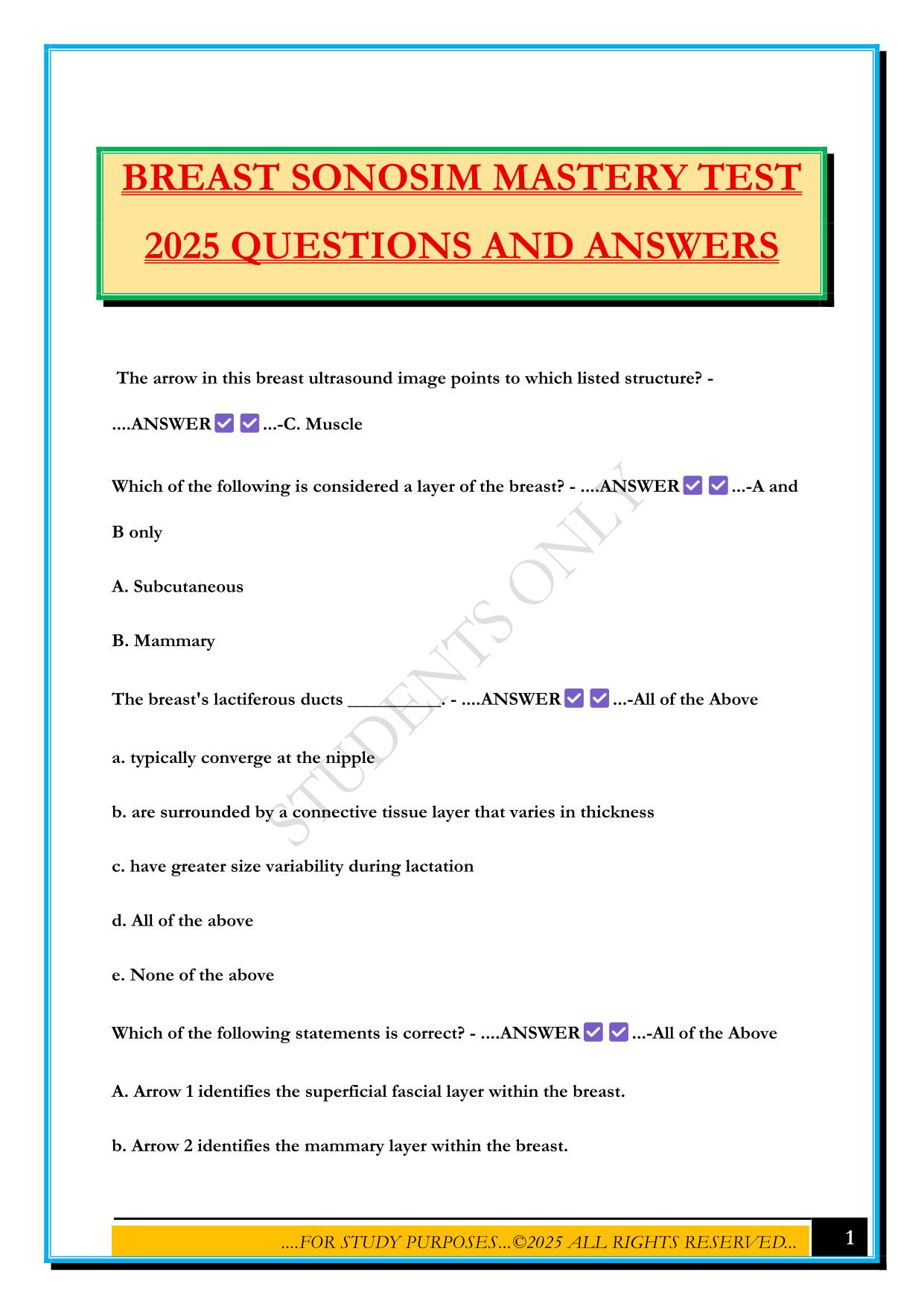 BREAST SONOSIM MASTERY TEST 2025 QUESTIONS AND ANSWERS