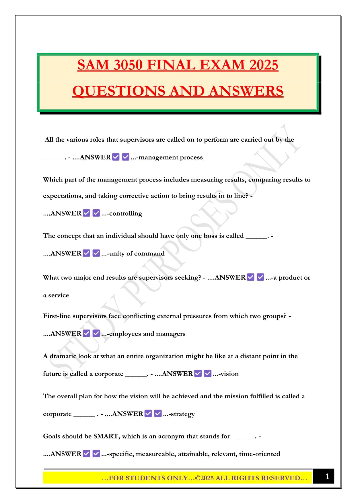 SAM 3050 Final Exam 2025 Questions and Answers