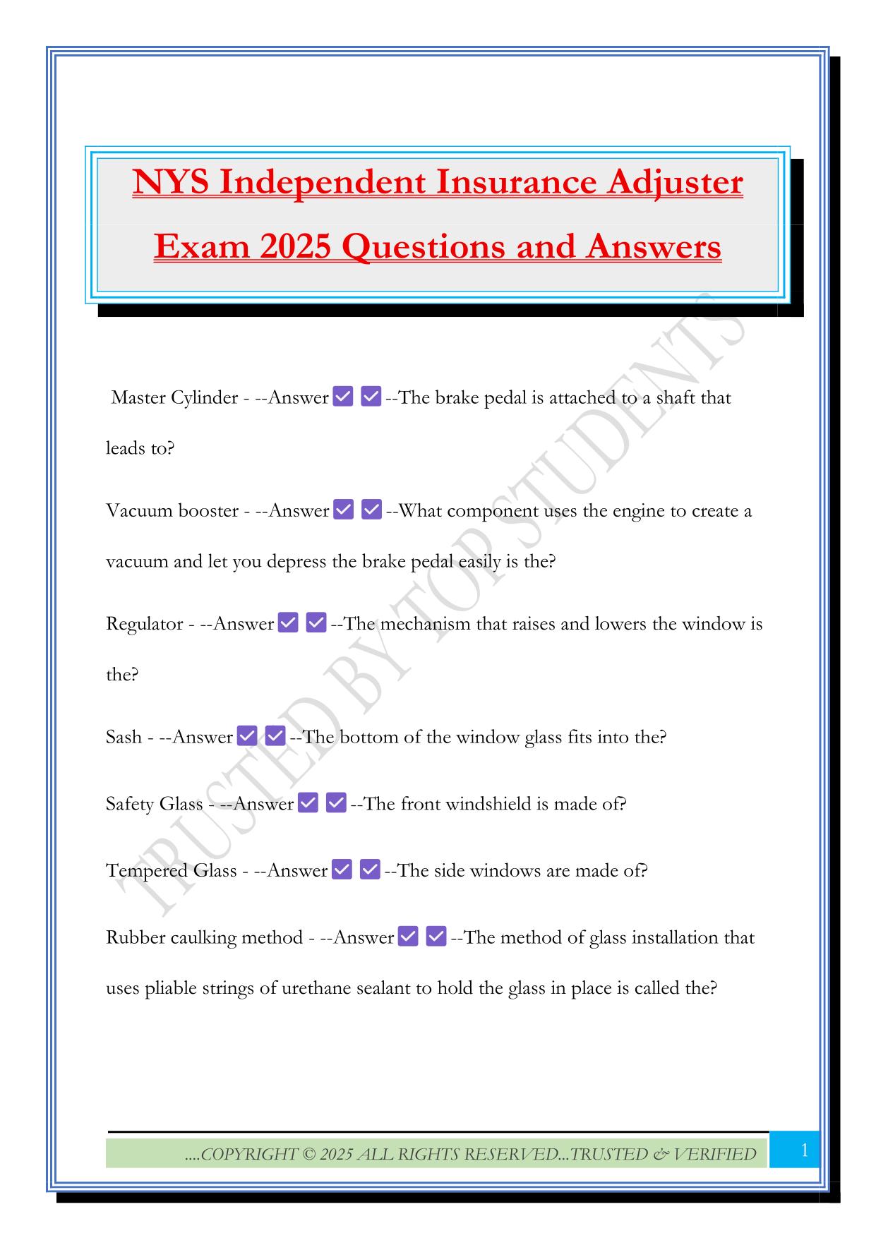 NYS Independent Insurance Adjuster Exam 2025 Questions and Answers