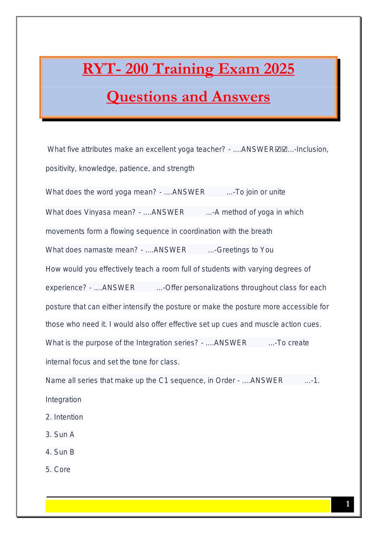 RYT- 200 Training Exam 2025 Questions and Answers