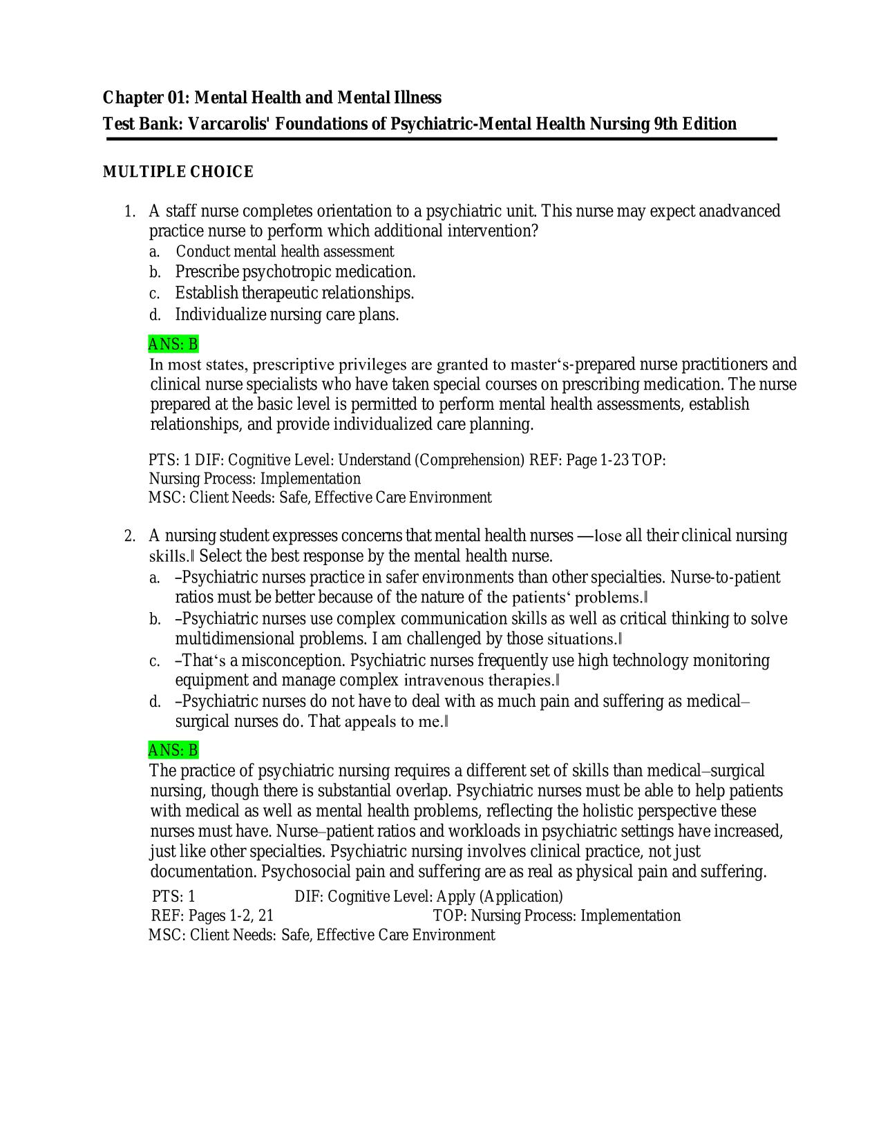 Testbank for Varcarolis' Foundations of Psychiatric-Mental Health Exam MCQ with Correct Answers |100% Pass