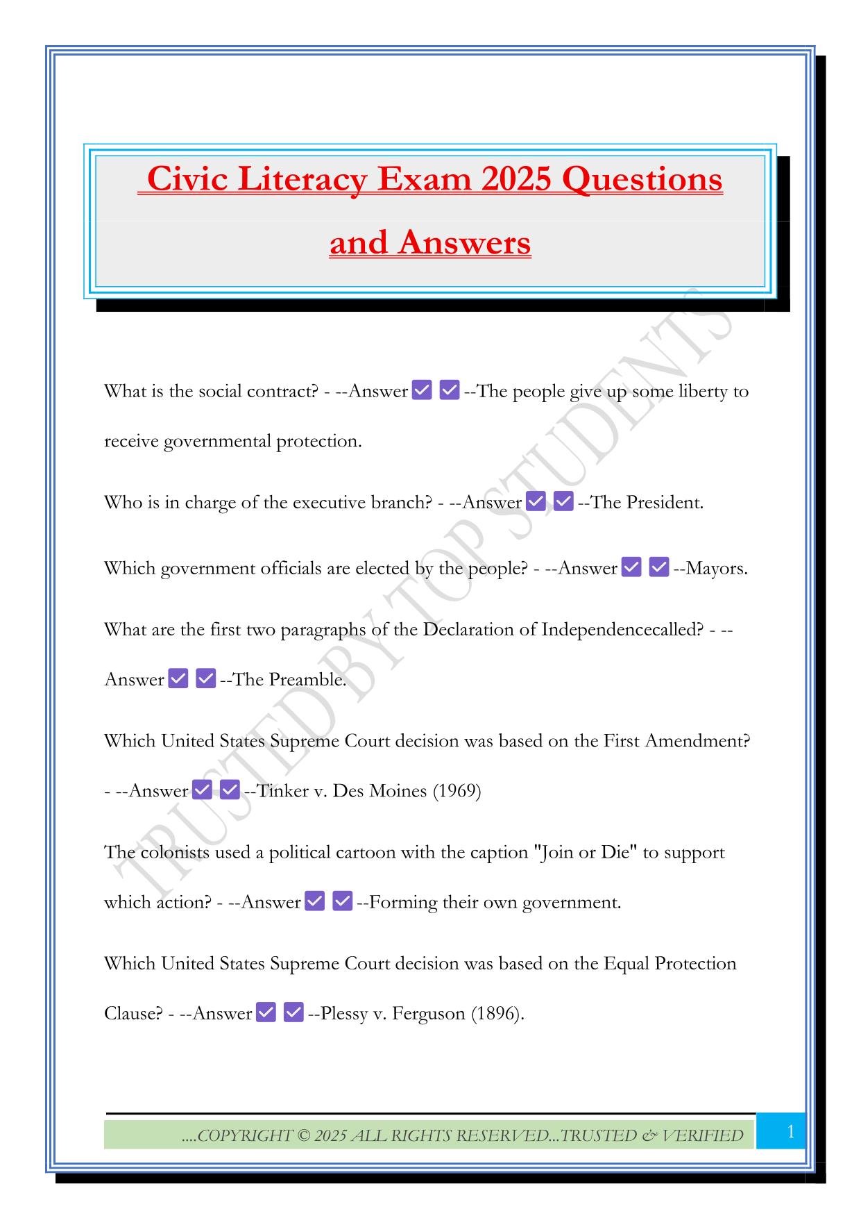 Civic Literacy Exam 2025 Questions and Answers