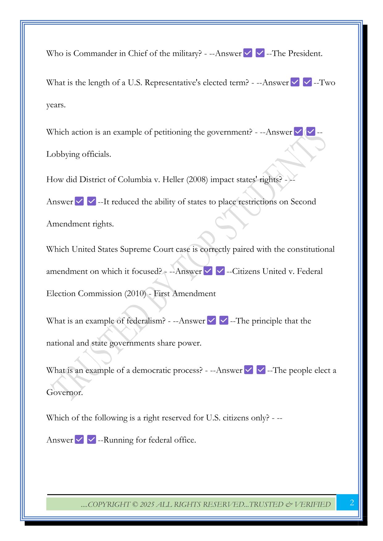 Civic Literacy Exam 2025 Questions and Answers