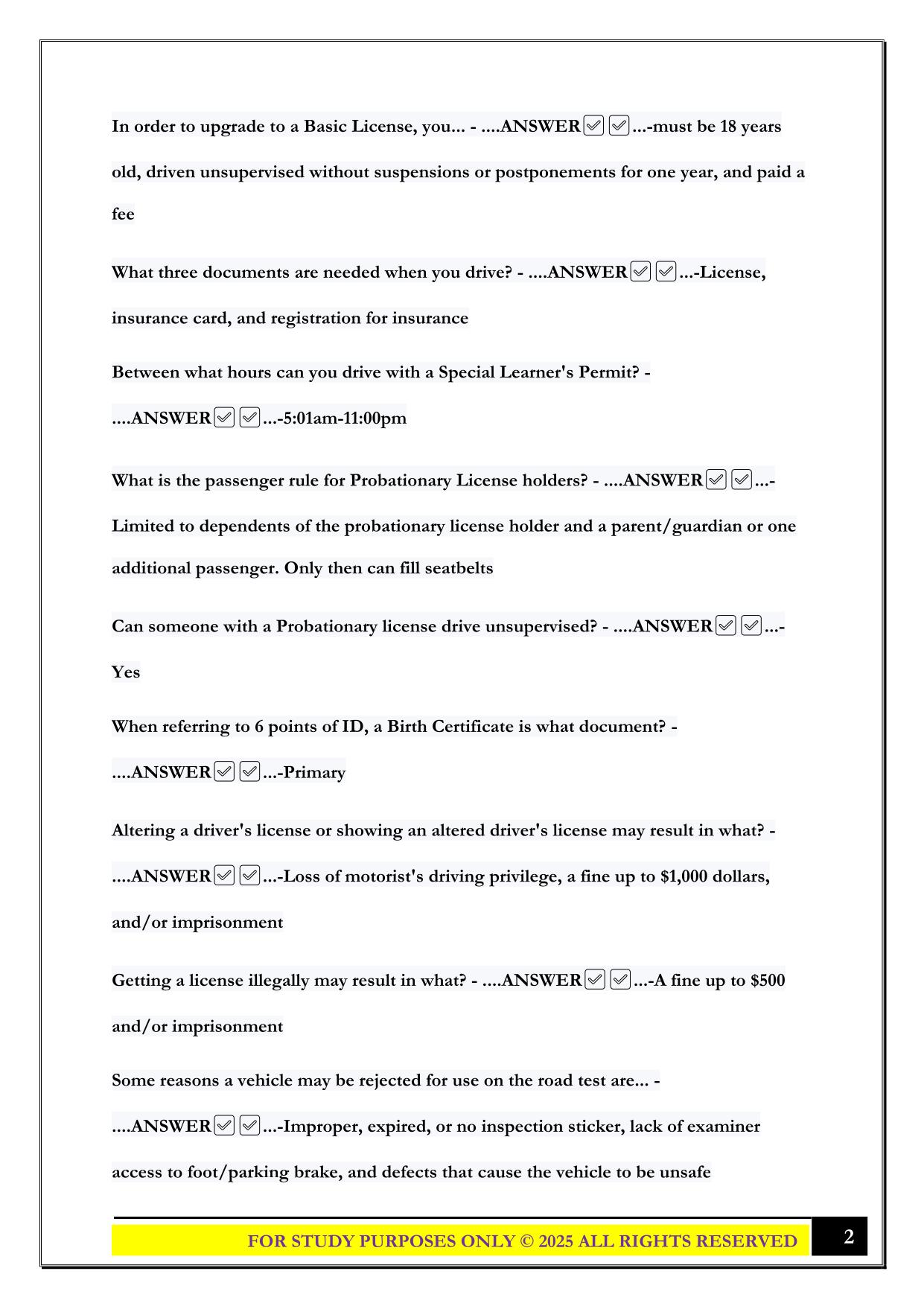 Driver's Education Manual All Chapters Exam 2025 Questions and Answers