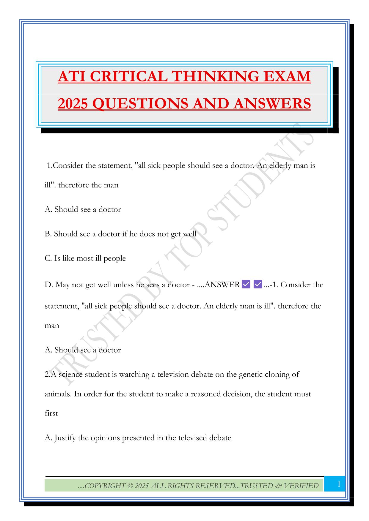 ATI CRITICAL THINKING EXAM 2025 QUESTIONS AND ANSWERS