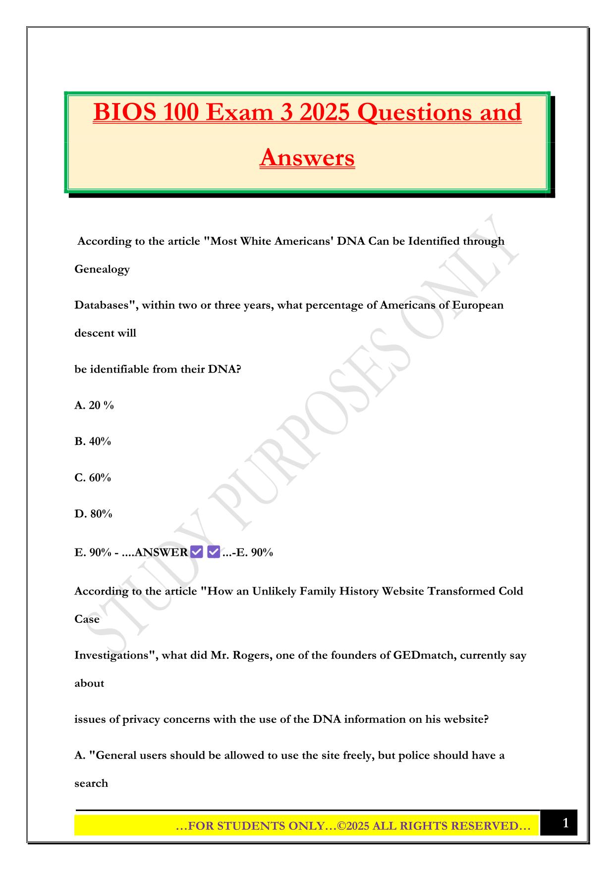 BIOS 100 Exam 3 2025 Questions and Answers