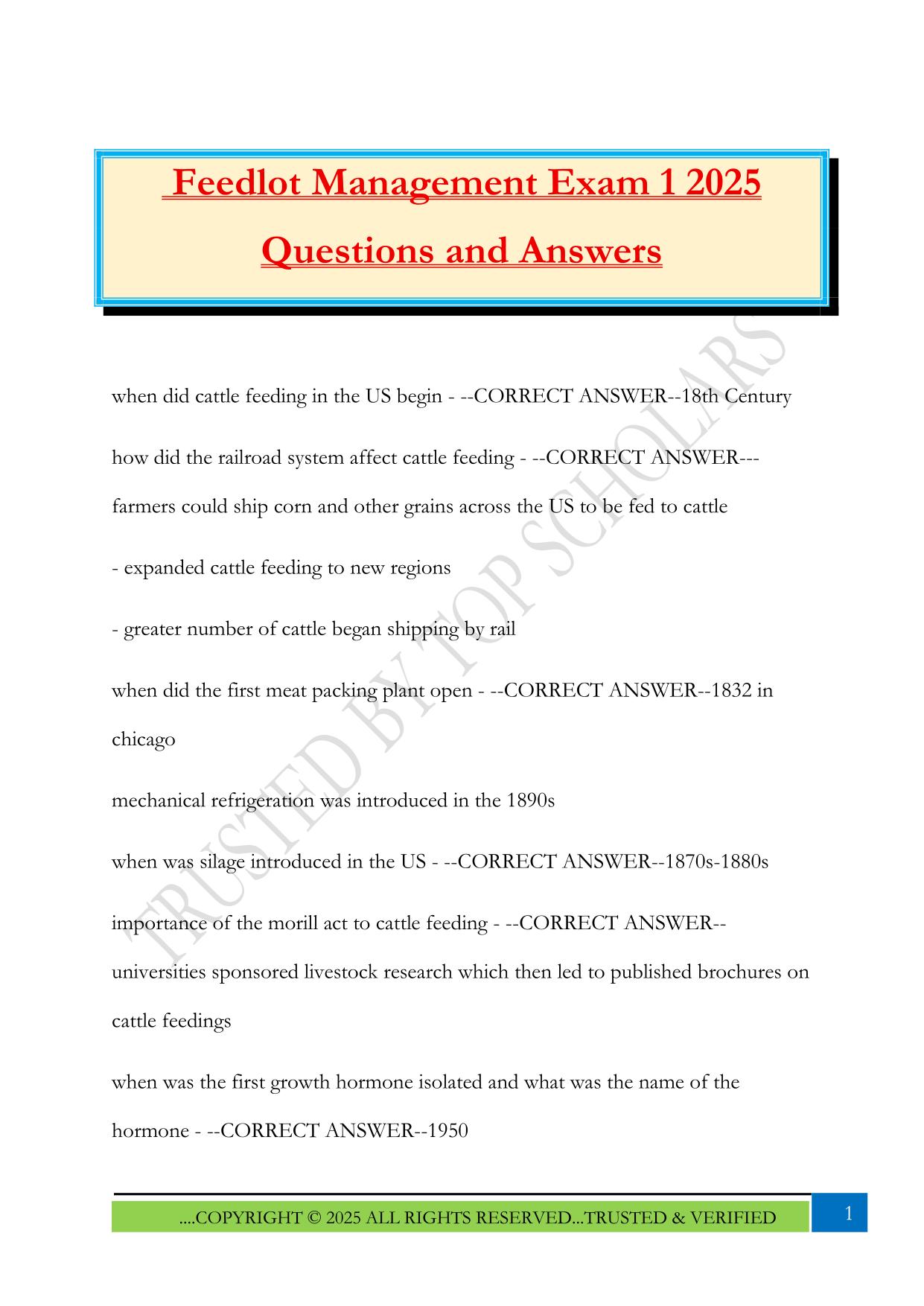 Feedlot Management Exam 1 2025 Questions and Answers