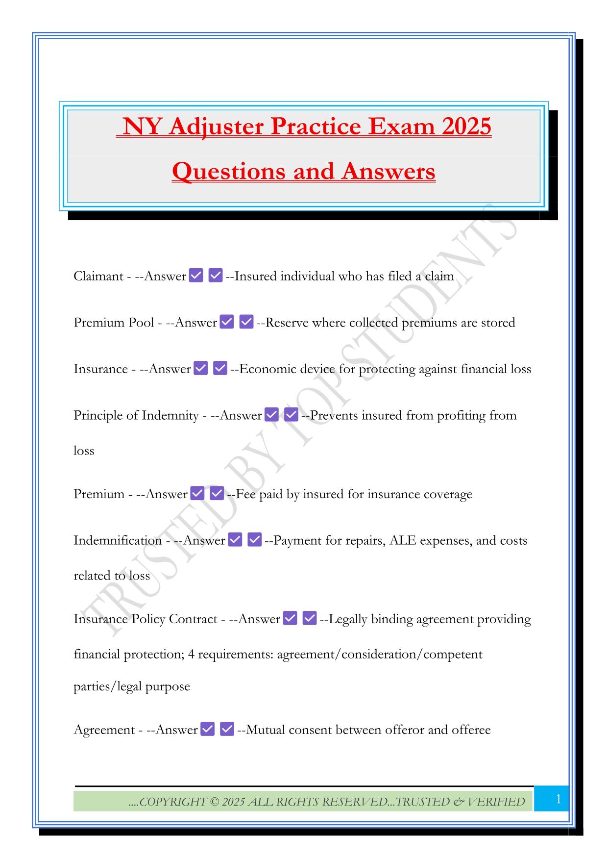 NY Adjuster Practice Exam 2025 Questions and Answers