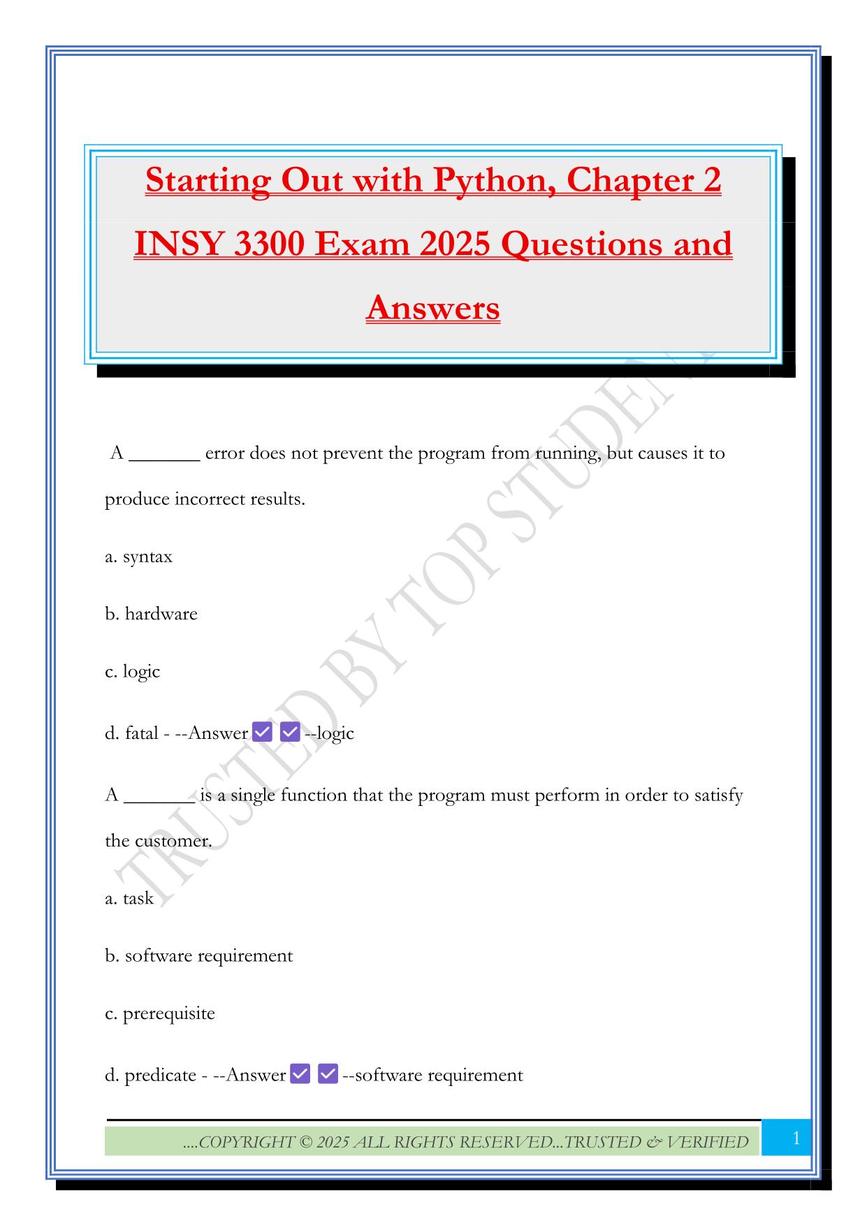 Starting Out with Python, Chapter 2 INSY 3300 Exam 2025 Questions and Answers