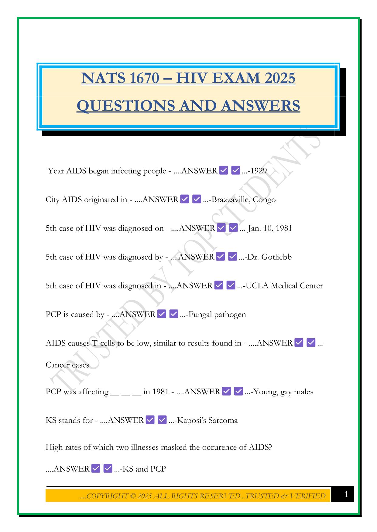 NATS 1670 – HIV EXAM 2025 QUESTIONS AND ANSWERS
