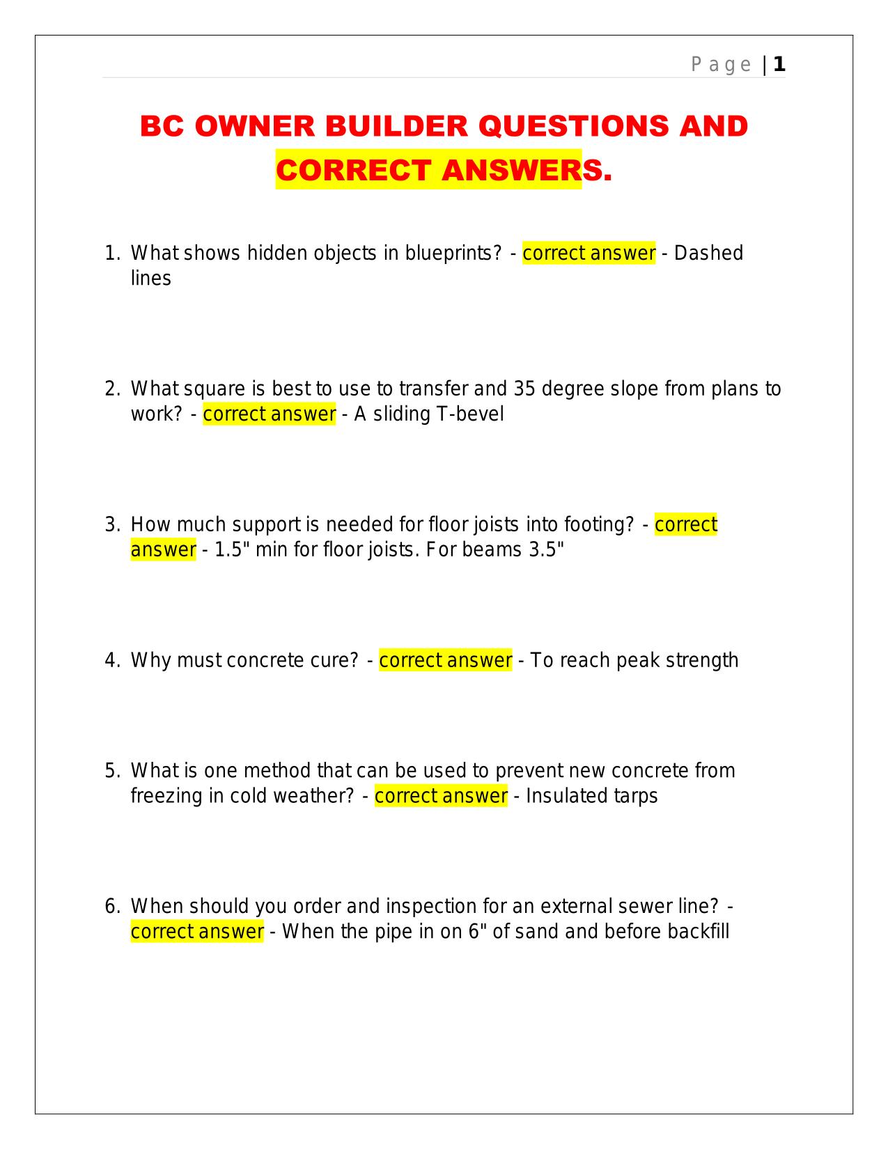 BC OWNER BUILDER QUESTIONS AND CORRECT ANSWERS.