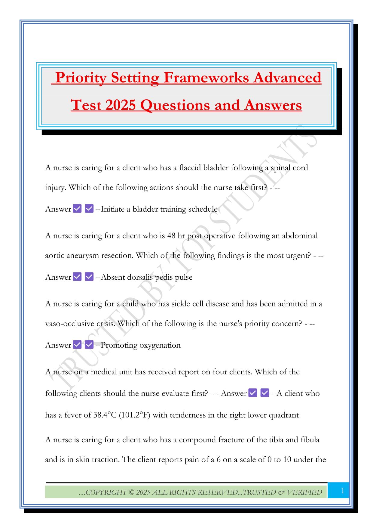 Priority Setting Frameworks Advanced Test 2025 Questions and Answers