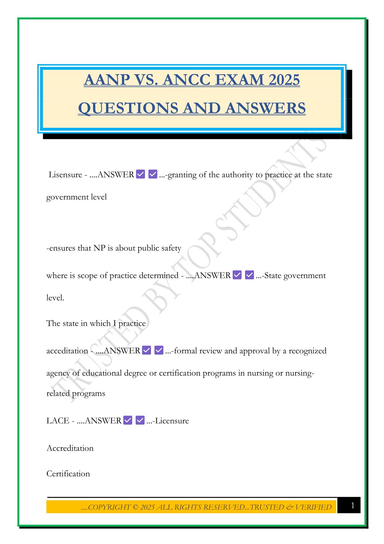 AANP VS. ANCC EXAM 2025 QUESTIONS AND ANSWERS