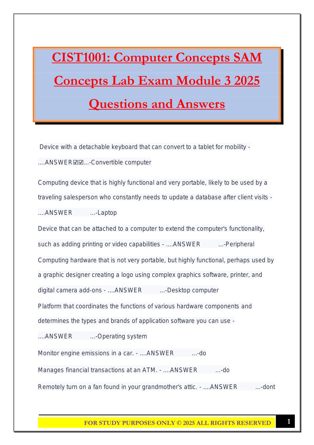 CIST1001: Computer Concepts SAM Concepts Lab Exam Module 3 2025 Questions and Answers