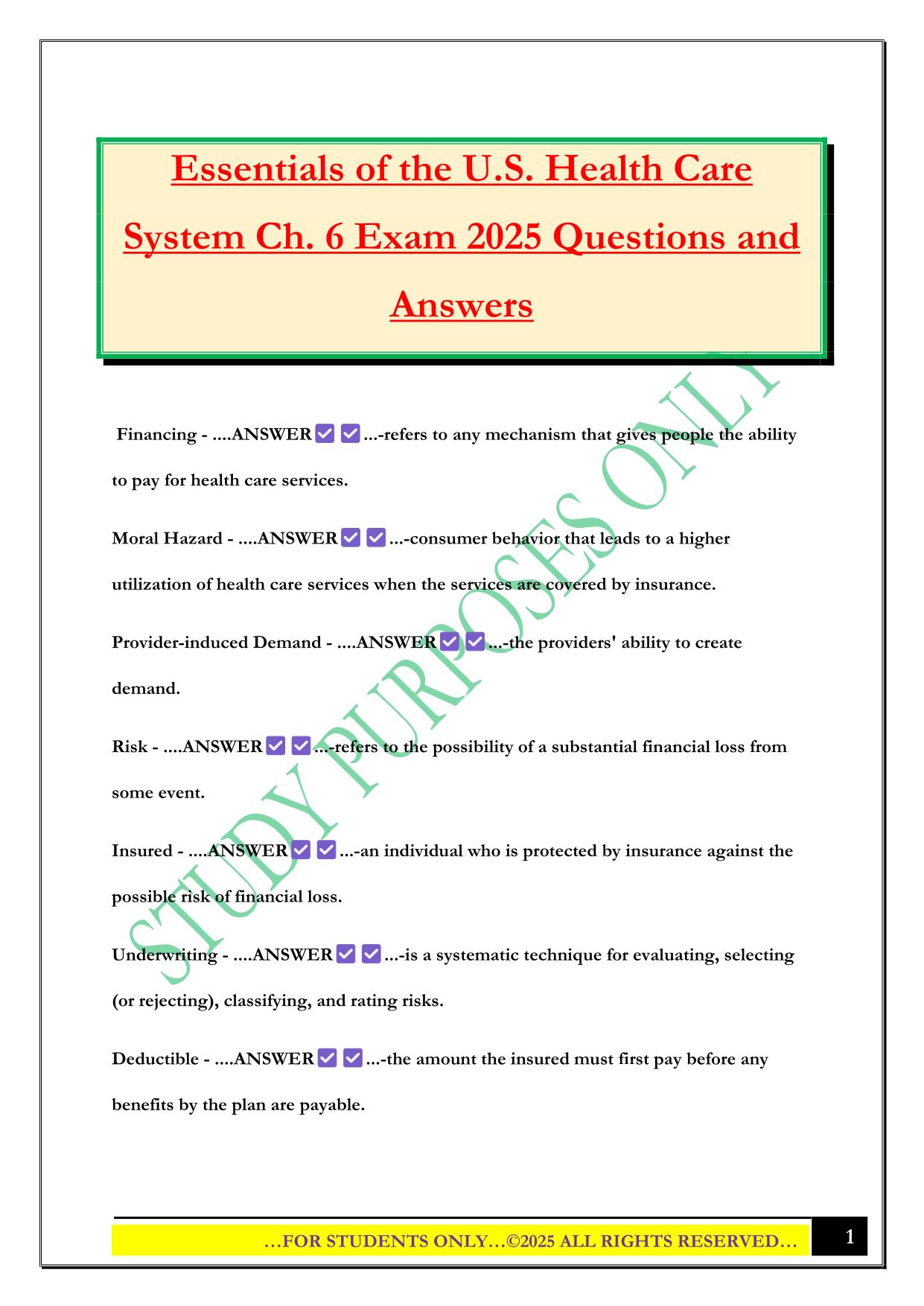 Essentials of the U.S. Health Care System Ch. 6 Exam 2025 Questions and Answers