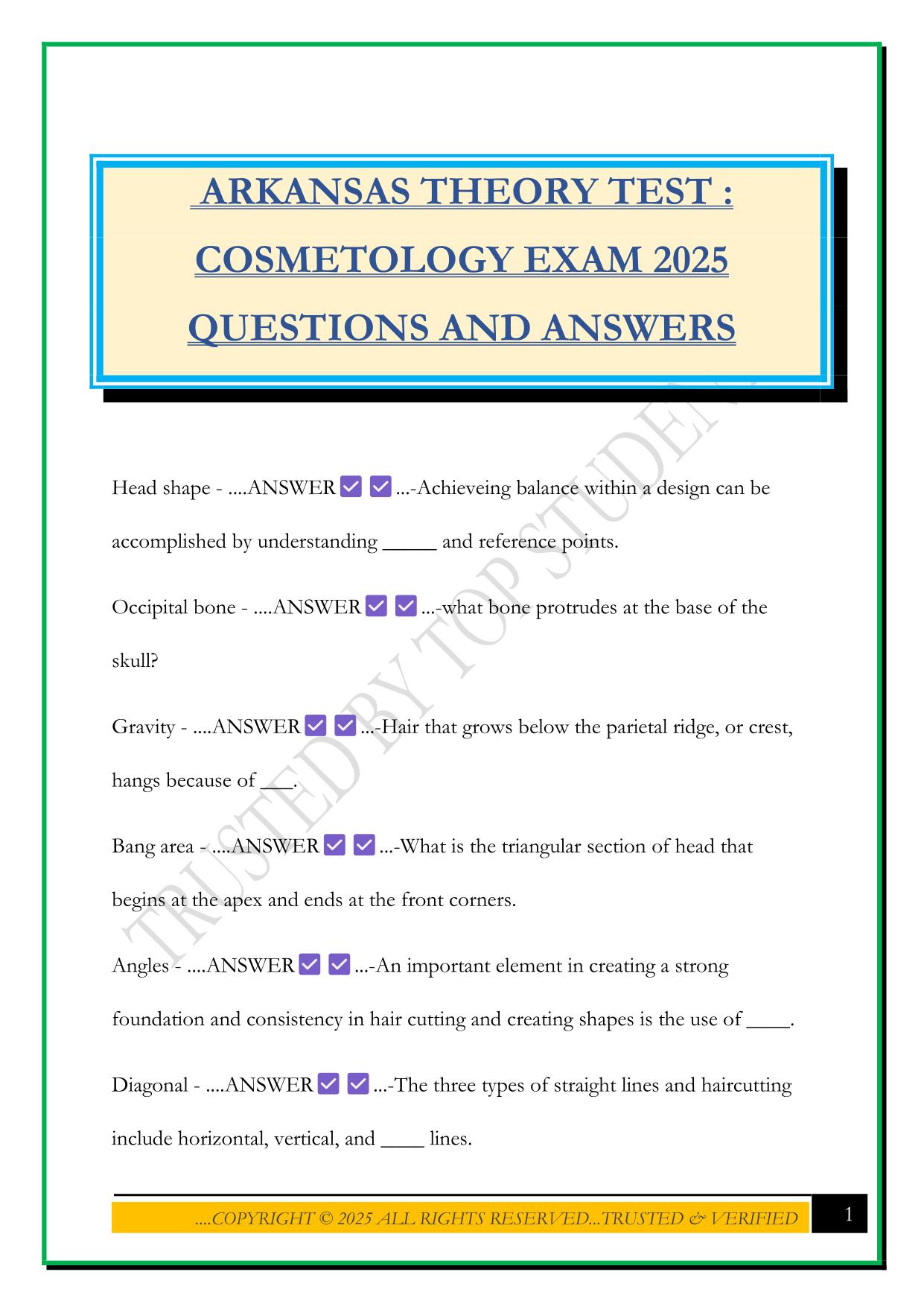 ARKANSAS THEORY TEST : COSMETOLOGY EXAM 2025 QUESTIONS AND ANSWERS