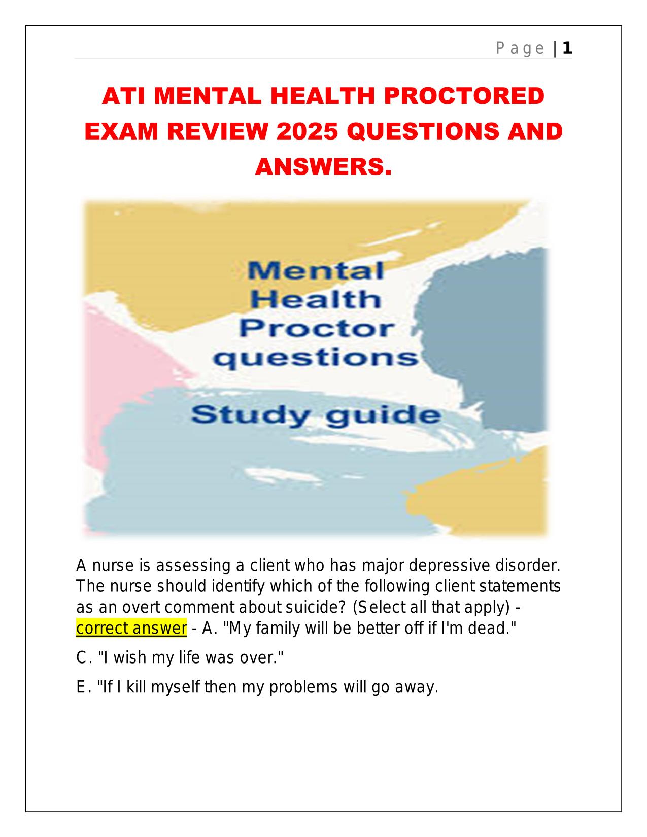 ATI MENTAL HEALTH PROCTORED EXAM REVIEW 2025 QUESTIONS AND ANSWERS.