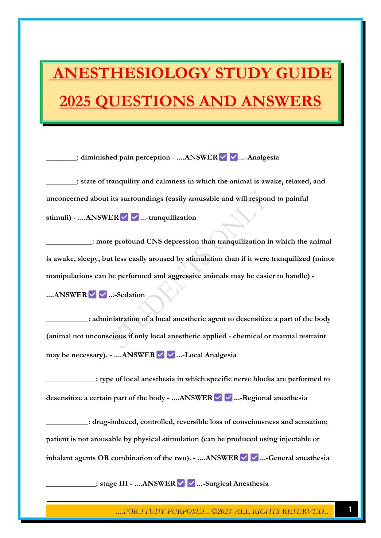 ANESTHESIOLOGY STUDY GUIDE 2025 QUESTIONS AND ANSWERS