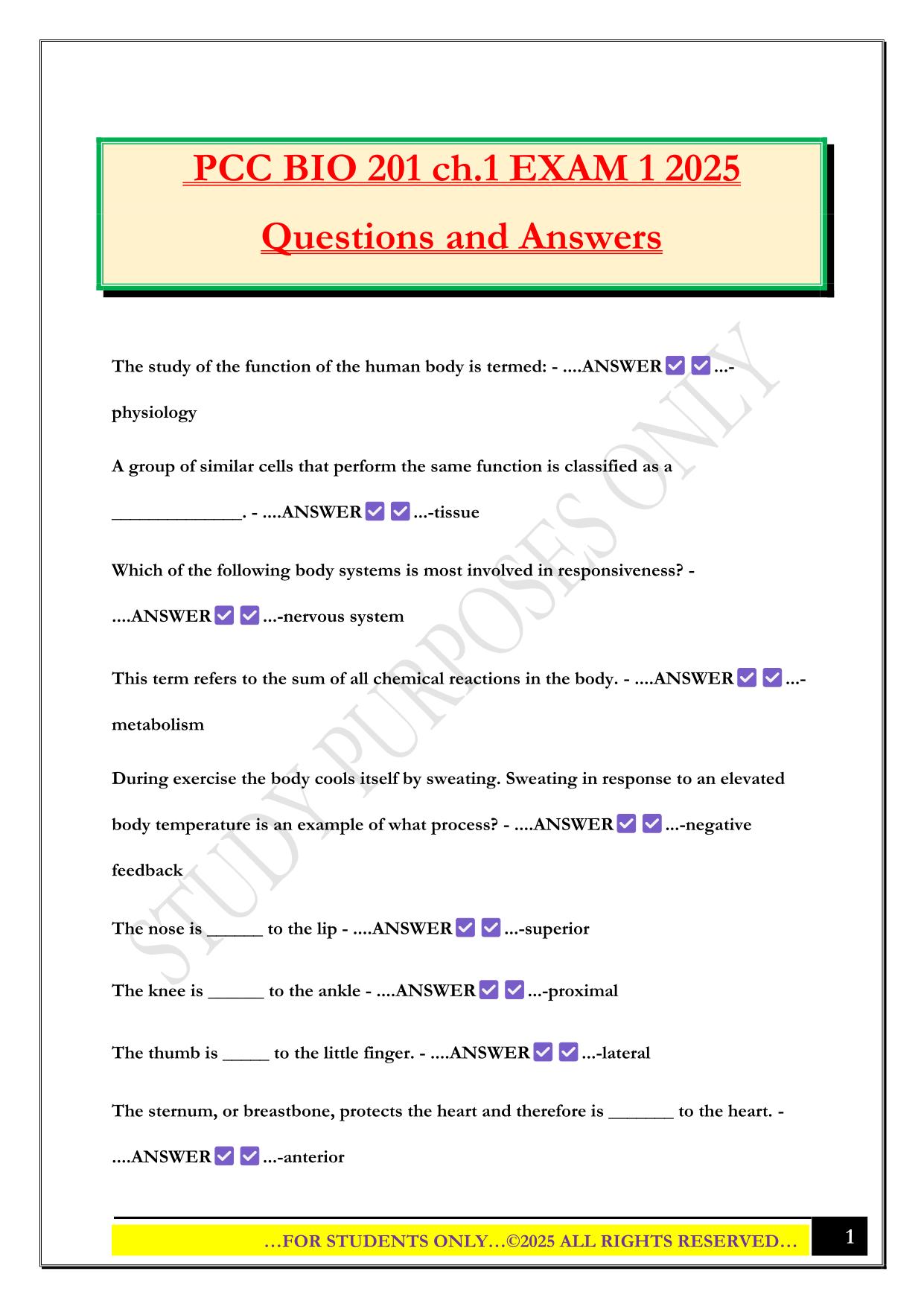 PCC BIO 201 ch.1 EXAM 1 2025 Questions and Answers