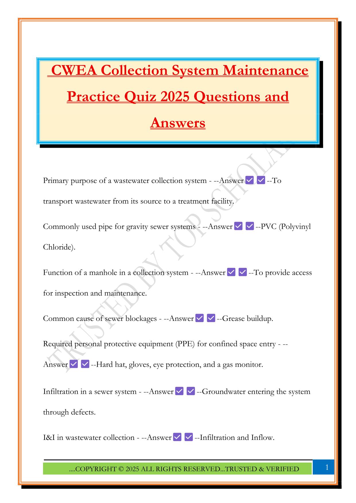 CWEA Collection System Maintenance Practice Quiz 2025 Questions and Answers