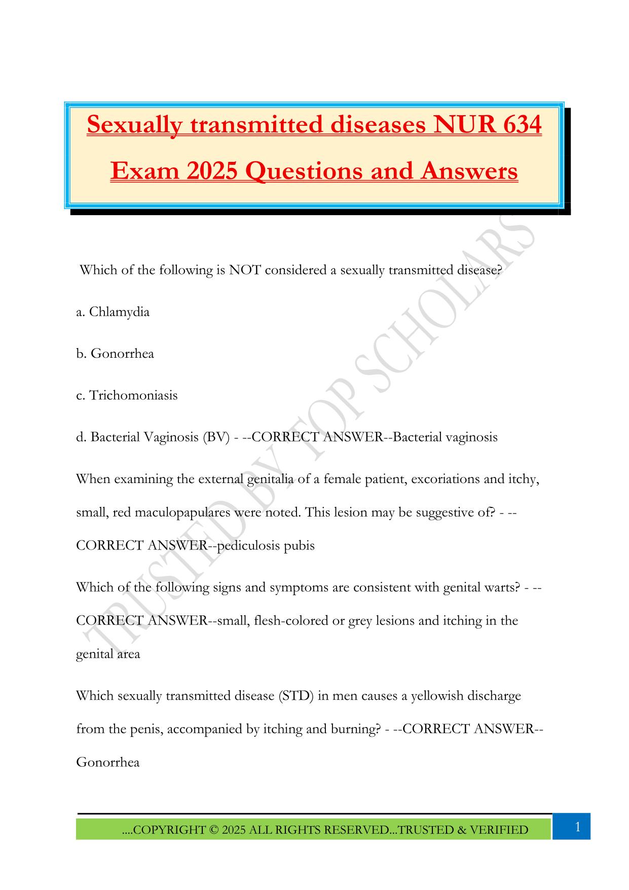 Sexually transmitted diseases NUR 634 Exam 2025 Questions and Answers